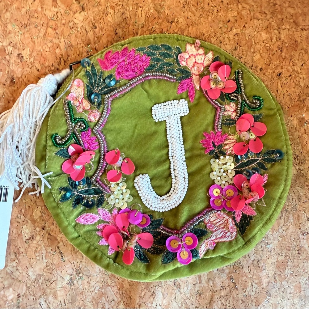 Letter Anthropologie Cream Floral Embroidered Pouch with Initial